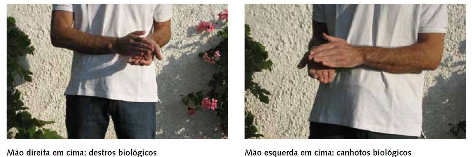 Mão direita em cima indica destro; mão esquerda em cima indica canhoto.